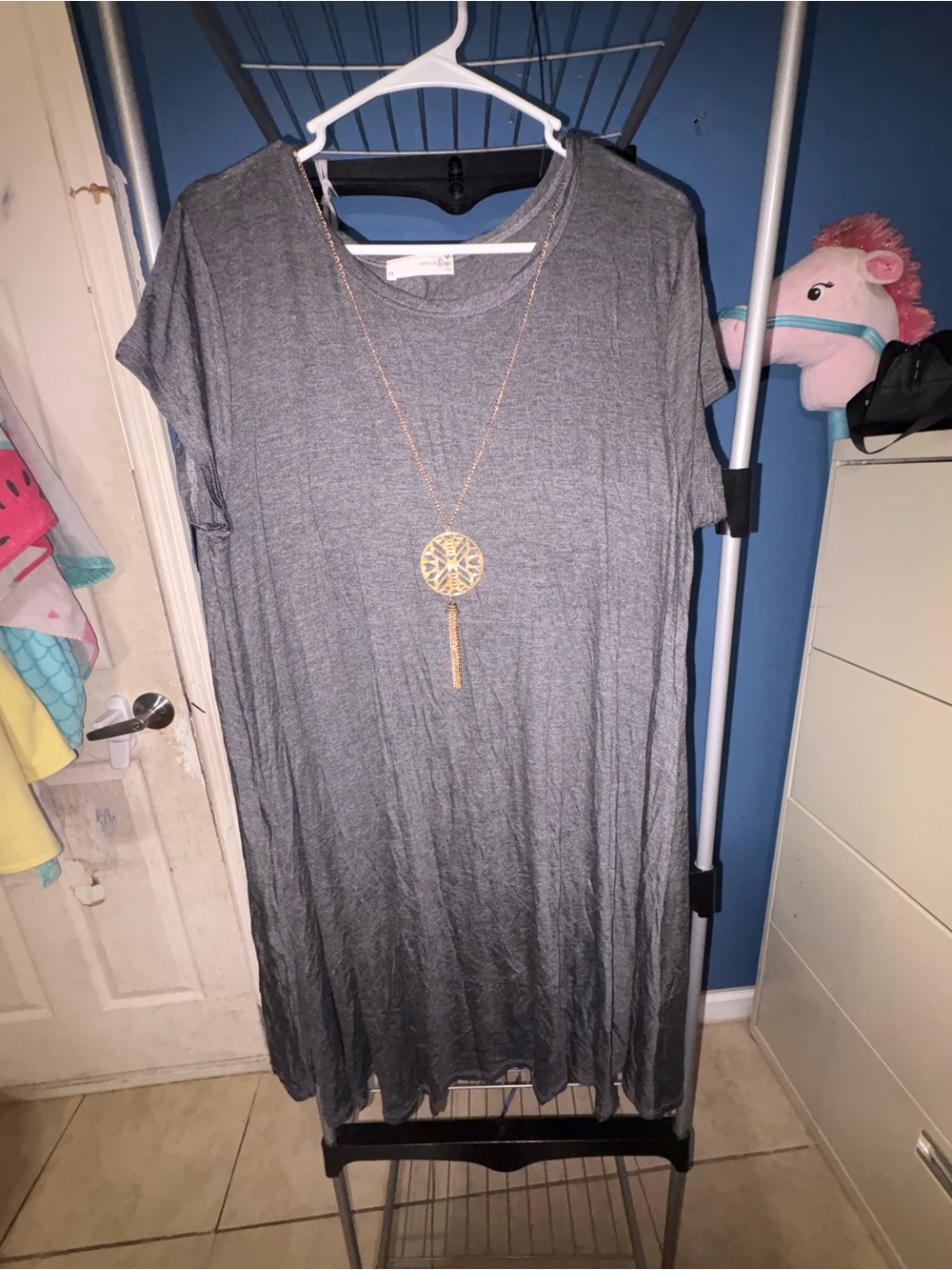 Women's Gray Midi T-Shirt Dress with Pendant Necklace